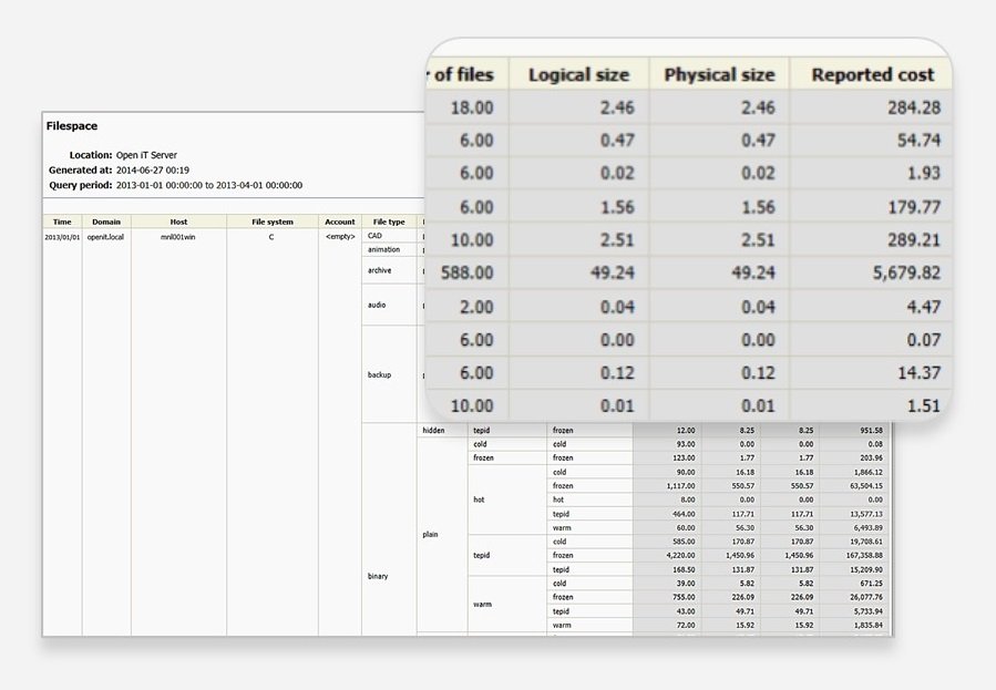 A Filespace report from Open iT Server (generated 2014-06-27, query period 2013-01-01 to 2013-04-01) showing a tabular breakdown of disk usage for a Windows host, with columns for number of files, logical size, physical size, and reported cost, grouped by file type and temperature category (hot, warm, tepid, cold, frozen).