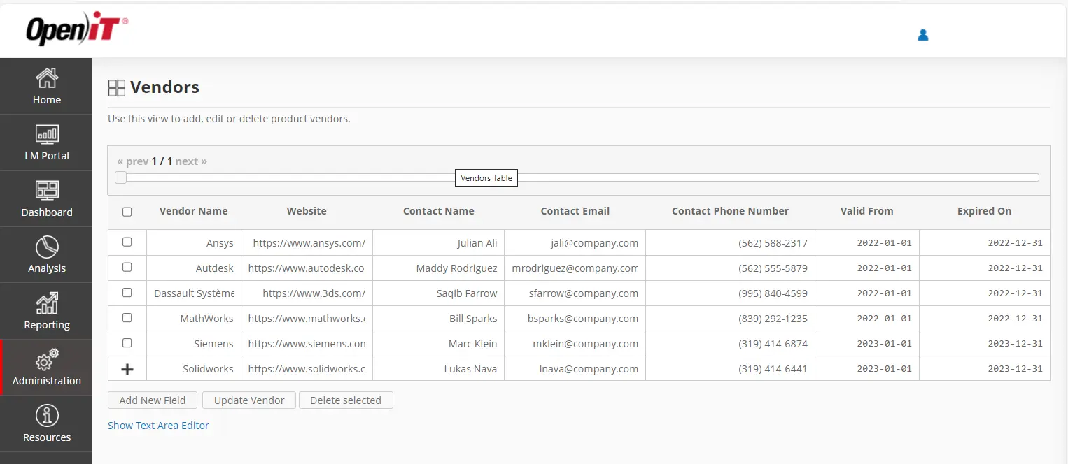 OpenIT software vendor management screen showing a table of vendors with contact details and license validity dates.